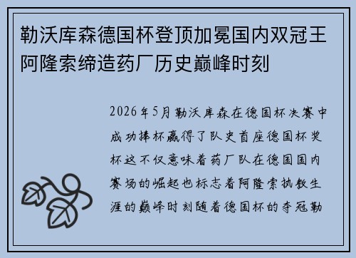 勒沃库森德国杯登顶加冕国内双冠王阿隆索缔造药厂历史巅峰时刻