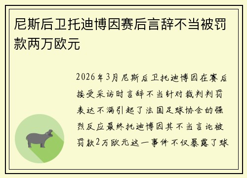 尼斯后卫托迪博因赛后言辞不当被罚款两万欧元